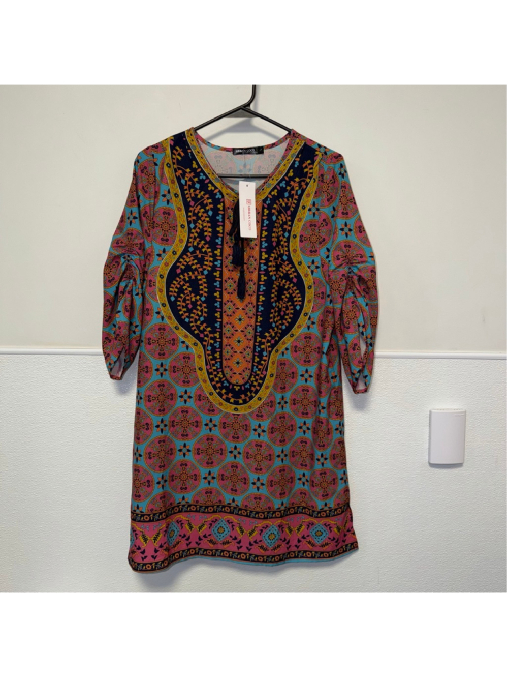 Women's Bohemian Neck Tie Urban Coco Mini Dress L Blue Pink Boho Print New NWT - Picture 7 of 14
